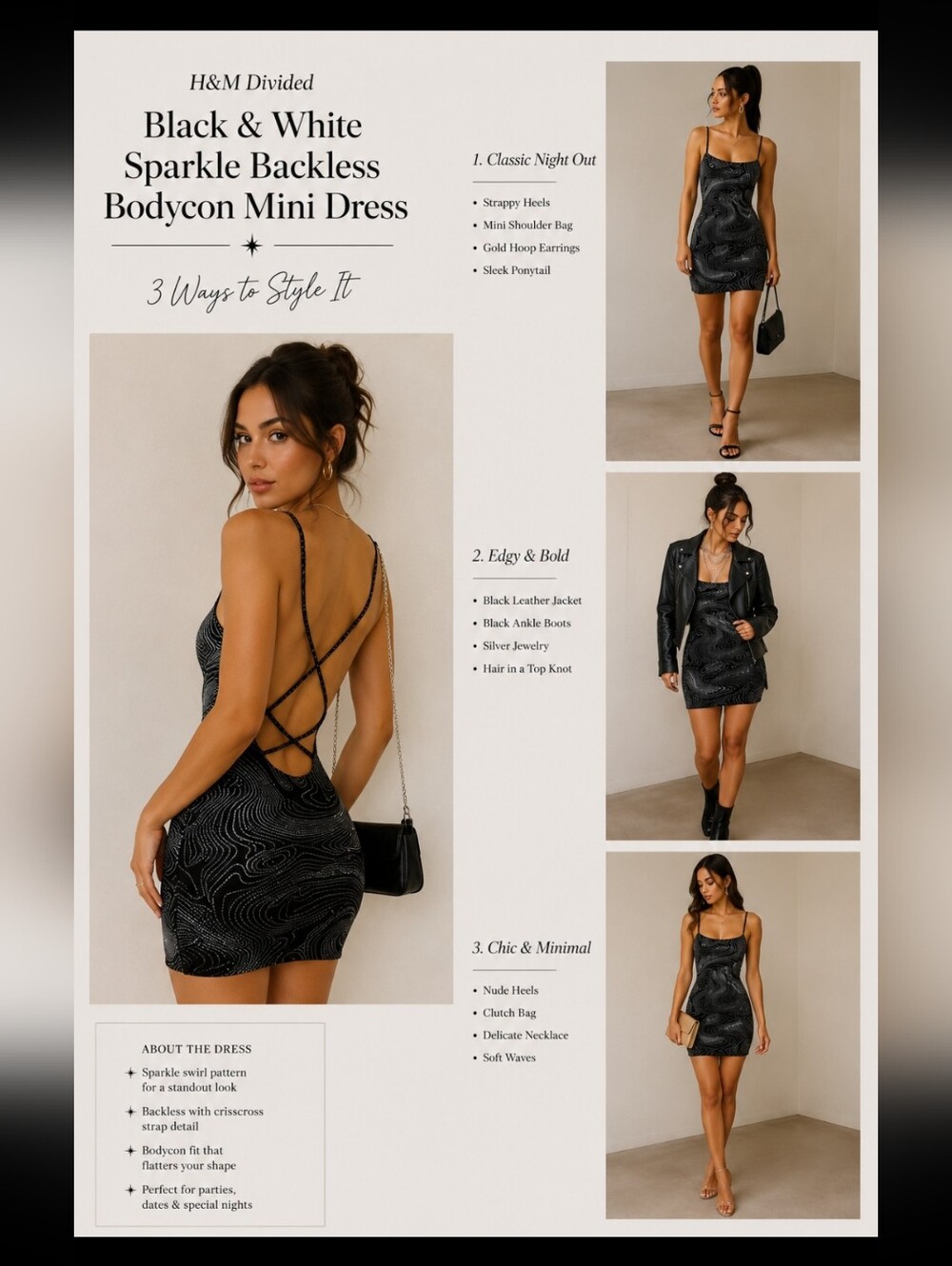 H&M Divided ~ Black & White Sparkle Backless Bodycon Formal Mini Dress~Medium